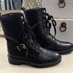 Vince Camuto Black Croc-Embossed Combat Boots